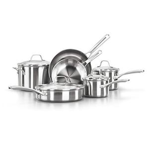 lot 66207 image: Calphalon 10-Piece Pots and Pans Set, Stainless Steel Kitchen Cookware with Stay-Cool Handles and Pour Spouts, Dishwasher Safe, Silver