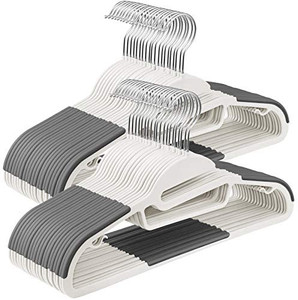 lot 66516 image: 50 Pack Coat Hangers, Premium Quality Plastic Suit Hangers, Heavy-Duty, S-Shaped Opening, Non-Slip, Durable, Space-Saving, 360� Swivel Hook, 16.3 Inches Long, White and Gray UCRP041WG03  (HANGERS ARE BLACK)