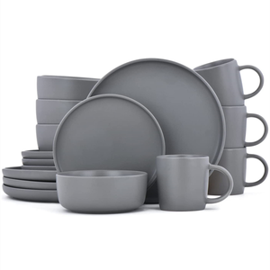 lot 66522 image: Famiware Dawn Round Stoneware Dinnerware 16-Piece Dishes Set, Gray Matte