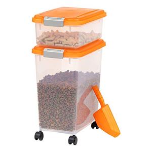 lot 66554 image: IRIS USA 3-Piece Airtight Pet Food Storage Container Combo with Scoop and Treat Box for Pet, Dog, Cat, and Bird Food, Orange