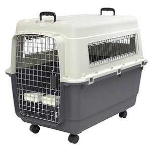 lot 67942 image: SportPet Designs Plastic Kennels Rolling Plastic Airline Approved Wire Door Travel Dog Crate, X-Large, Gray