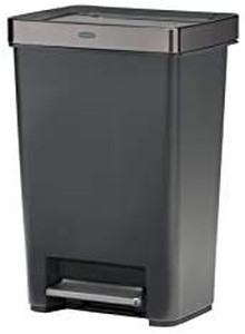 lot 67951 image: Rubbermaid Premier Series IV Step-On Trash Can for Home and Kitchen, with Stainless Steel Lid, 12.4 Gallon, Charcoal