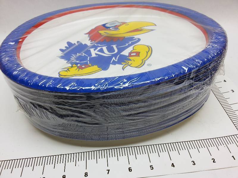 lot 8848 image: Show your colors Kansas University KU people at the next picnic with this package of 50 coated HD oval paper plates.