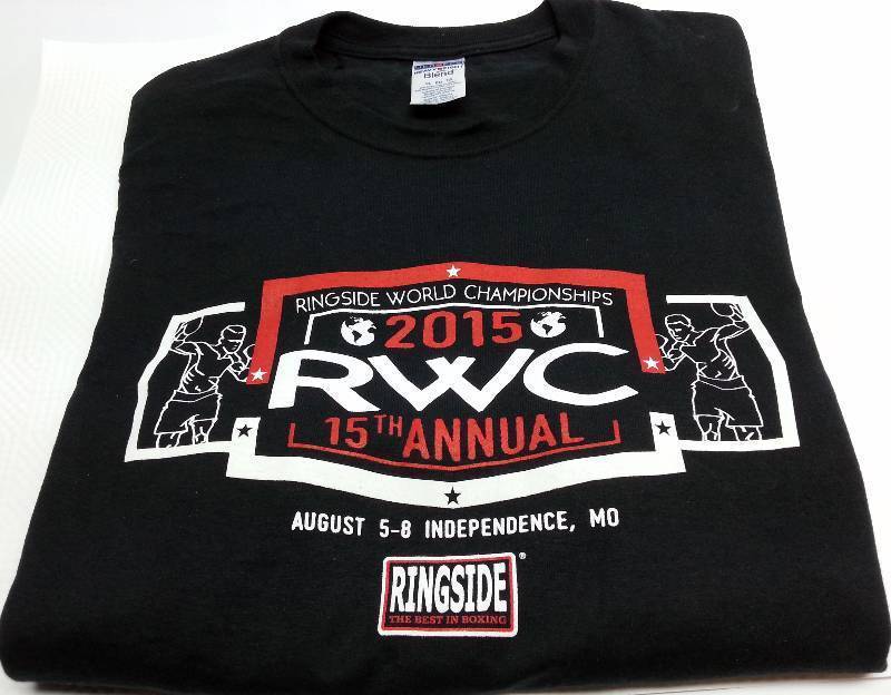 lot 9142-2 image: Wild looking Black 2015 Ringside Boxing World Championships T Shirt from the event held in Independence Missouri.