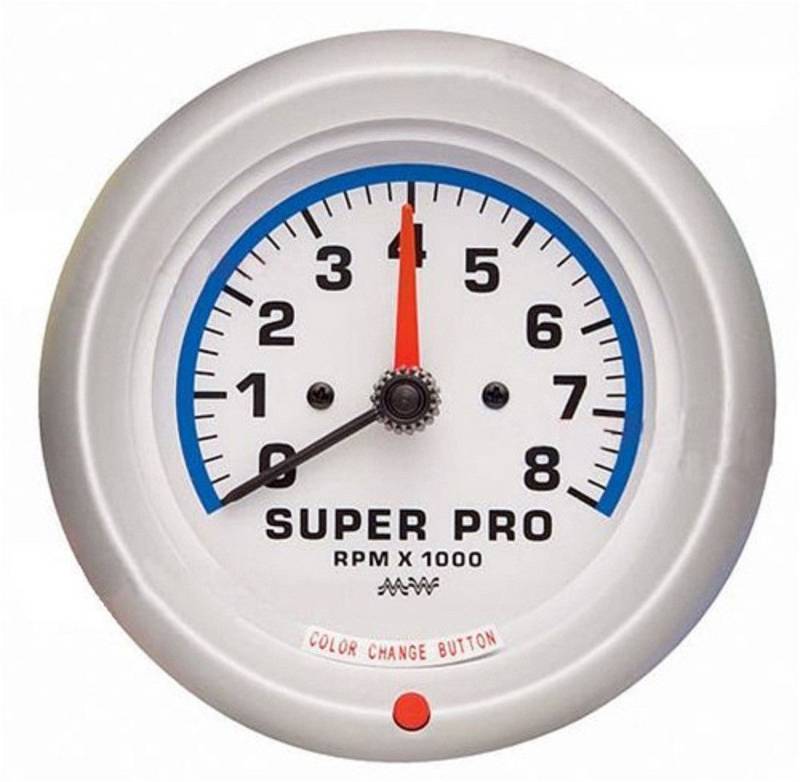 lot 9061 image: New 8,000 RPM any ignition Super Pro tachometer with 3-78 diameter White face.