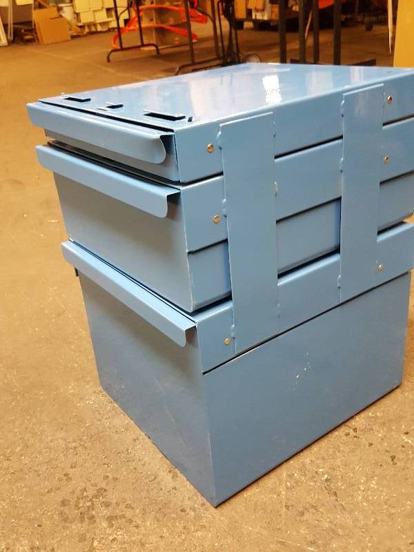 lot 8512 image: Serious heavy duty 3 drawer steel cabinet made to be hung under a work bench or table.