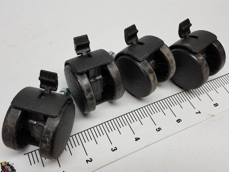 lot 8482 image: Full set of 4 table, chair or warehouse carts ball bearing and swivel casters (with brakes) and both 2 OD wheels