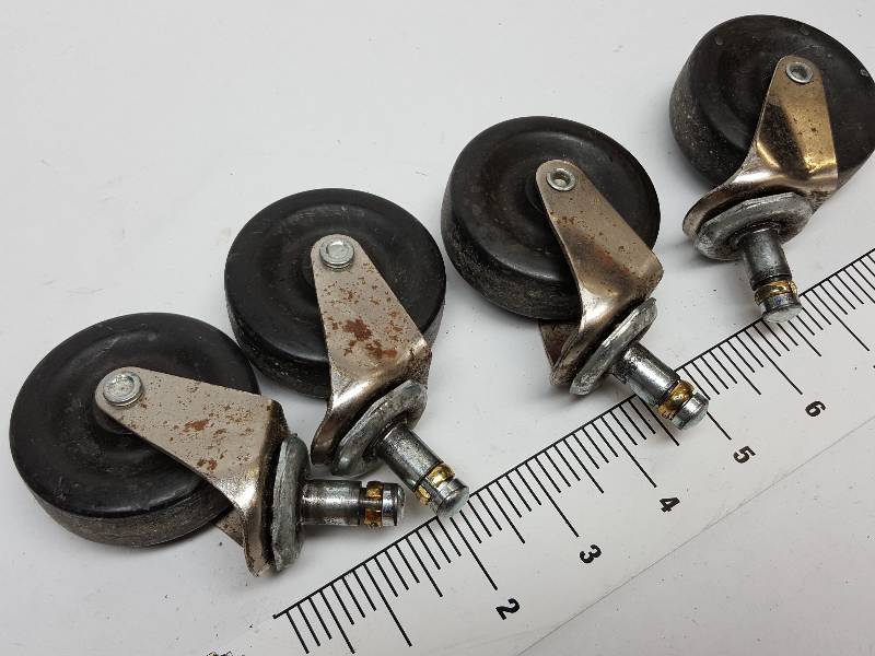 lot 8484 image: Full set of 4 table, chair or warehouse carts ball bearing and swivel 2-38 OD casters with HD plastic wheels.