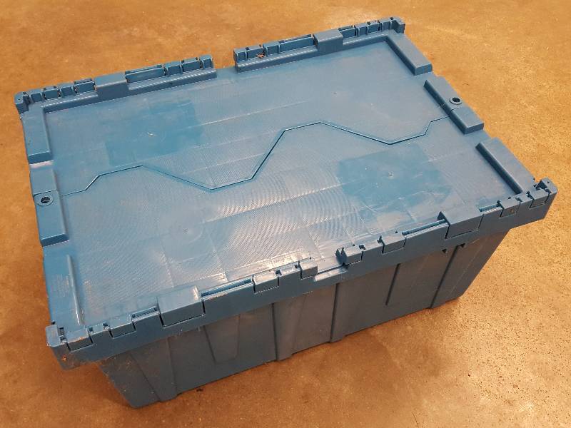 lot 8454 image: In excellent shape is this HD Blue Plastic stack-able double flap 22 X 15 X 9 deep Tote