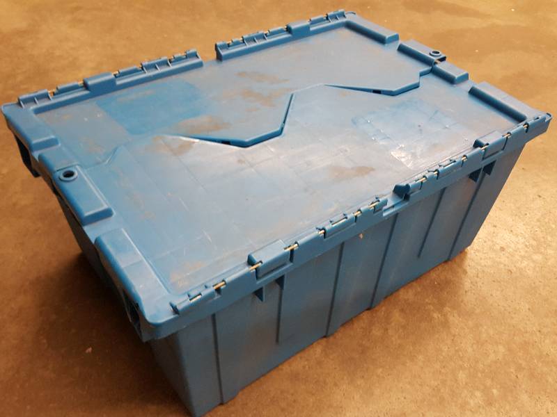 lot 8459 image: In excellent shape is this HD Blue Plastic stack-able double flap 22 X 15 X 9 deep Tote