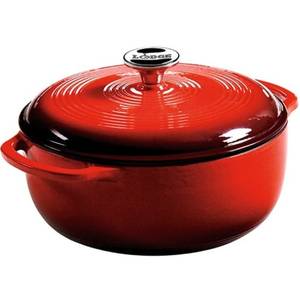 lot 10033 image: Lodge 4.5 Quart Enameled Cast Iron Dutch Oven Red Damage See Pictures