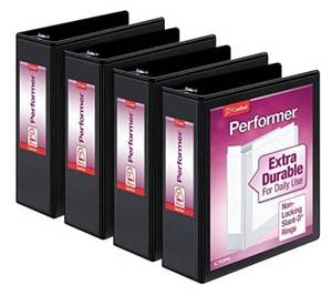 lot 22015 image: Cardinal Performer 3-Ring Binders, 3, Non-Locking Slant-D Rings, 725-Sheet Capacity, ClearVue Presentation, Non-Stick, PVC-Free, Black, 6-Pack (27601)