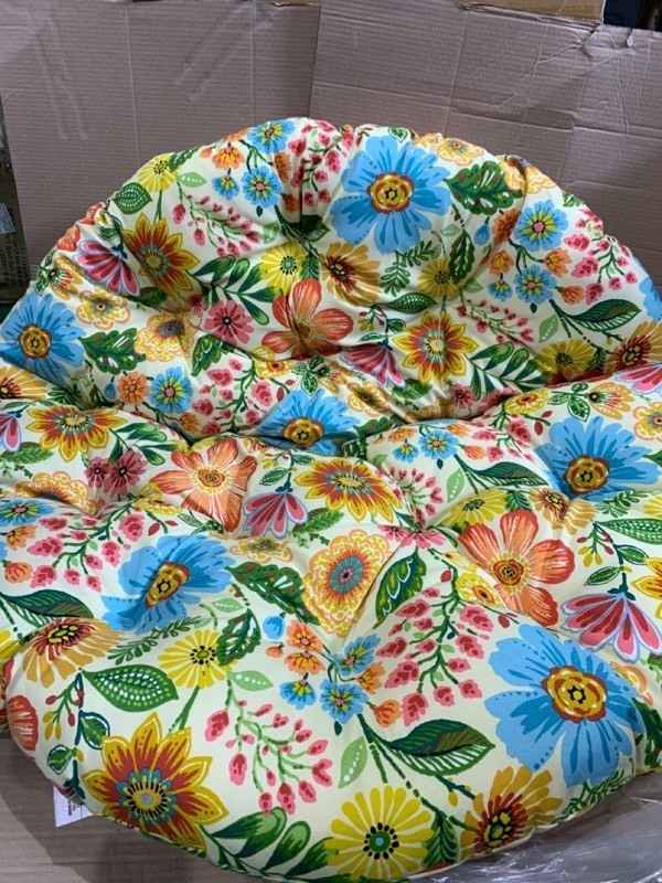 lot 25915 image: Blazing Needles - Indoor Outdoor Papasan Chair Cushion, Yellow Floral 44-inch - Retail $99.99