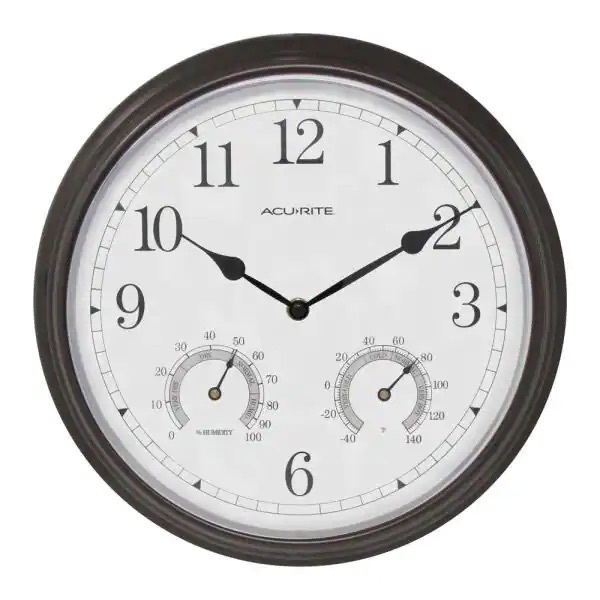 lot 22327 image: AcuRite 13 in. Oil-Rubbed Bronze Analog Clock Thermometer Hygrometer Combo -Retail $21.98