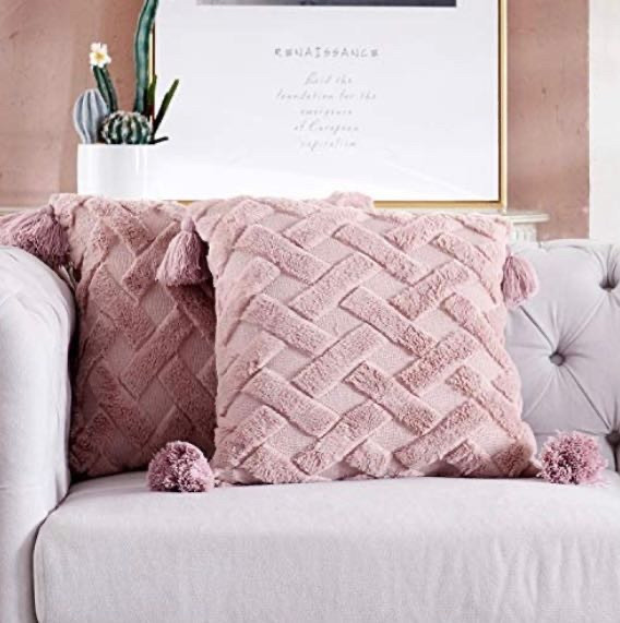 lot 25494 image: Foindtower Decorative Soft Fur Throw Pillow Covers with Tassels Cute Embroidery Cushion Cover, Solid Tufted Geometric Pillowcases for Couch Bedroom Living Room 18x18 Inch Pack of 2 Dusty Pink Retail $21.99