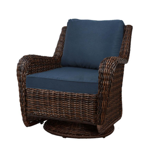 lot 2 image: Hampton Bay Cambridge Brown Wicker Swivel Outdoor Rocking Chair Blue Cushions Retail $349.00