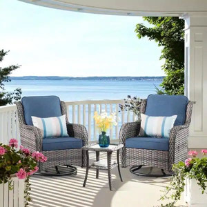 lot 24677 image: Joyoung Gray 3-Piece Wicker Outdoor Patio Conversation Seating Set with Denim Blue Cushions and Swivel Rocking Chairs Retail $509.99