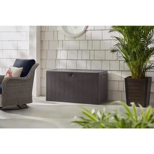 lot 24694 image: Hampton Bay 110 Gal. Brown Resin Wood Look Outdoor Storage Deck Box with Lockable Lid, Java Brown Retail $136.00
