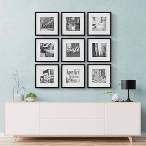 lot 24716 image: Gallery Perfect Gallery Wall Kit Square Photos with Hanging Template Picture Frame Set, 12 x 12, Black, 9 Piece Retail $54.56