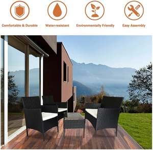 lot 24691 image: Bigzzia Black 4-Pieces PE Wicker Outdoor Patio Furniture Sets Loveseat Includes Armchairs and Table with Cushions Retail $249.99