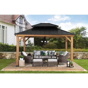 lot 1 image: Hampton Bay  - Crownhill (11 ft. x 13 ft.) Hardtop Gazebo with Wood Posts - Retail $1,949.00