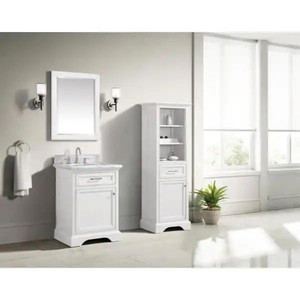 lot 24748 image: Home Decorators Collection - Windlowe (24 in. W x 22 in. D x 35 in. H) Bath Vanity in White with Carrera Marble Vanity Top in White with White Sink - Retail $649.00