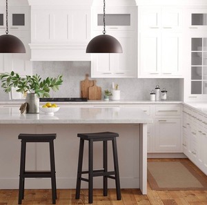 lot 24766 image: Amazon Basics - Solid Wood Saddle-Seat Kitchen Counter Barstool - (Set of 2)  29-Inch Height, Black - Retail $68.80