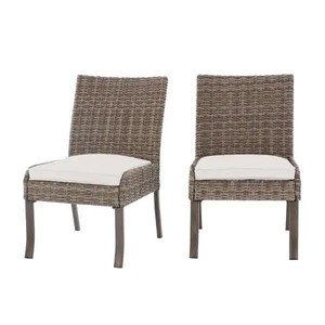 lot 24785 image: Hampton Bay - Windsor Brown Wicker Outdoor Patio Stationary Armless Dining Chair with Bare Cushion (2-Pack) - Retail $319.00
