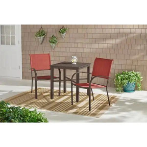 lot 24788 image: StyleWell - Mix and Match Stationary Stackable Steel Split Back Sling Outdoor Patio Dining Chair in Conley Chili Red (2-Pack) - Retail $39.99