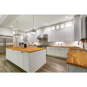 lot 24790 image: Interbuild - Solid Acacia (6.2 ft. L x 40 in. D x 1 in. T) Butcher Block Island Countertop, Golden Teak Stain - Retail $192.00