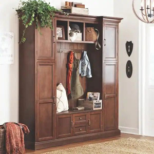 lot 24794 image: This is a Partial This is box #2 out of 3 total boxes Home Decorators Collection Royce Smokey Brown 79.25 in. Hall Tree - Retail $1,399