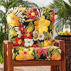 lot 24827 image: Greendale Home Fashions - Aloha 44 x 22 Multicolor Floral Rectangle Chair Outdoor Seating Cushion  Greendale Home Fashions 42 x 21 Multicolor Floral Rectangle Chair Outdoor Seating Cushion with Water-Resistant Material Retail $159.99