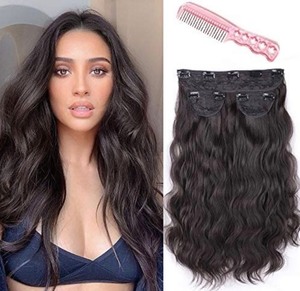 lot 24851 image: Dee Thens Clip in Wavy Hair Extensions Long Hair Extensions for Women Hair Pieces Natural Black - Retail $17.99