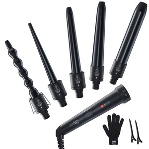 lot 104 image: 5 in 1 Curling Iron Wand Set, Ohuhu Upgrade Curling Wand 5Pcs 0.35 to 1.25 Inch Interchangeable Ceramic Barrel Heat Protective Glove, Dual Voltage Hair Curler, Black, Mothers Day Gift