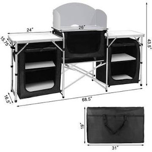 lot 602 image: Seeutek Camping Kitchen Table Aluminum Portable Outdoor Cooking Table Foldable Camp Table with Windscreen and 3 Storage Cupboards Multifunctional for BBQ, Party, Picnics and Outdoor Activities Black