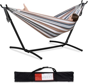lot 608 image: PNAEUT Double Hammock with Space Saving Steel Stand Included 2 Person Heavy Duty Outside Garden Yard Outdoor 450lb Capacity 2 People Standing Hammocks and Portable Carrying Bag (Coffee)