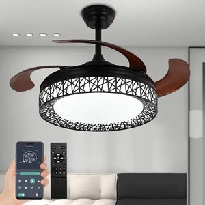 lot 619 image: Ohniyou 42 Retractable Ceiling Fans Indoor with Light Remote & APP Control Silent Reversible Motor Flush Mount Black Caged Ceiling Fan Light Kit Farmhouse Chandelier LED Lighting Fixture for Living Room,Kitchen,Dining Room,Bedroom