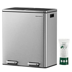 lot 632 image: SONGMICS Trash Can, 2 x 8 Gal Garbage Can for Kitchen, with 15 Trash Bags, 2 Compartments, Plastic Inner Buckets and Hinged Lids, Airtight, Silver and Black ULTB60NL
