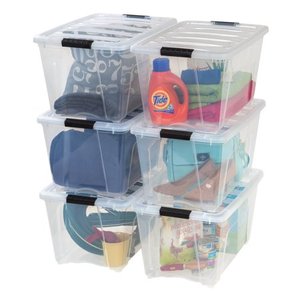 lot 706 image: IRIS USA 54 Qt Clear Plastic Storage Box with Latches, 5 Intact Containers, 2 Intact Lids, Some Lids Cracked but Still Closeable