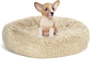 lot 712 image: Donut Dog Bed Calming Ultra Soft Shag Faux Fur Dog Bed Comfortable Donut Cuddler for Dogs and Cats,Self-Warming and Washable (23Inches, Beige)