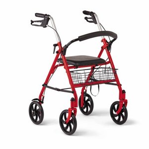 lot 729 image: Medline Standard Steel Folding Rollator with 8 Wheels, With Locking Brakes, Supports up to 300 lbs., Red Frame