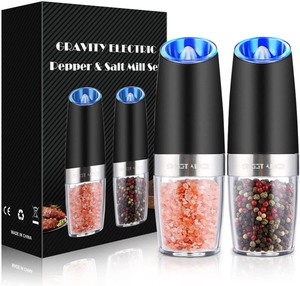 lot 162 image: Gravity Electric Pepper and Salt Grinder Set, Adjustable Coarseness, Battery Powered with LED Light, One Hand Automatic Operation, Stainless Steel Black, 2 Pack