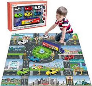 lot 169 image: TEMI Diecast Racing Cars Toy Set w Activity Play Mat, Truck Carrier, Alloy Metal Race Model Car & Assorted Vehicle Play Set for Kids, Boys & Girls