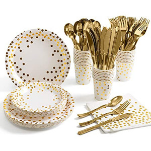 lot 176 image: 175 Piece Gold Party Supplies Set Serves 25 - Gold Paper Plates Napkins Cups with Gold Plastic Silverware Sets for Wedding Bridal Shower Baby Shower Holiday Parties