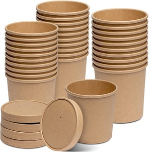 lot 201 image: 16 oz. Paper Food Containers With Vented Lids, To Go Hot Soup Bowls, Disposable Ice Cream Cups, Kraft - 25 Sets