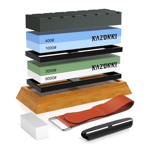 lot 246 image: Razorri Knife Sharpening Stone Kit, Double-Sided 4001000 and 30008000 Grit Whetstones, Flattening Stone, Leather Strop, and Angle Guide Included, Sharpen and Polish Any Metal Blade (Flat Base)