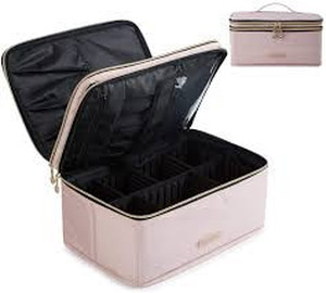 lot 252 image: Makeup Bag, LIGHT FLIGHT Cosmetic Bag Large Makeup Case Organizer with Adjustable Dividers for Cosmetics, Makeup Brushes, Toiletries, Travel Accessories (Pink-2 layer, Large)
