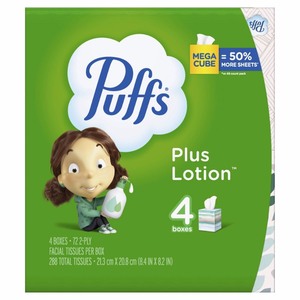 lot 277 image: Puffs Plus Lotion Facial Tissue, 4 Mega Cube Boxes, 72 Facial Tissues per Cube