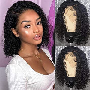 lot 531 image: 13X4 Lace Front Wigs Human Hair Short Curly for Black Women Brazilian Remy Lace Front Curly Wig Pre Plucked with Baby Hair 150 Density (14 Lace Front Wig)