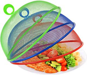 lot 575 image: Metal Mesh Screen Food Cover Tent Umbrella, 10.75 inch, Reusable Outdoor Picnic Food Covers Mesh, Food Cover Net Keep Out Flies, Bugs, Mosquitoes (3 Pack, Green Blue Red)